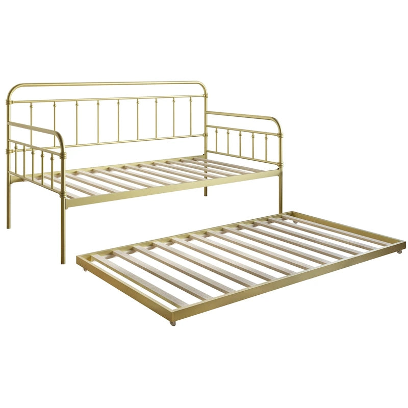 Metal Daybed with Pull-Out Trundle Bed Frame Elegant Openwork Spindle Design