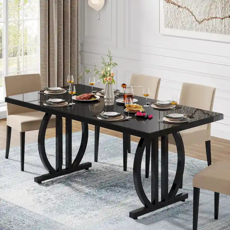 Black High Gloss Dining Table with Curved Metal Base Seats 4 to 6