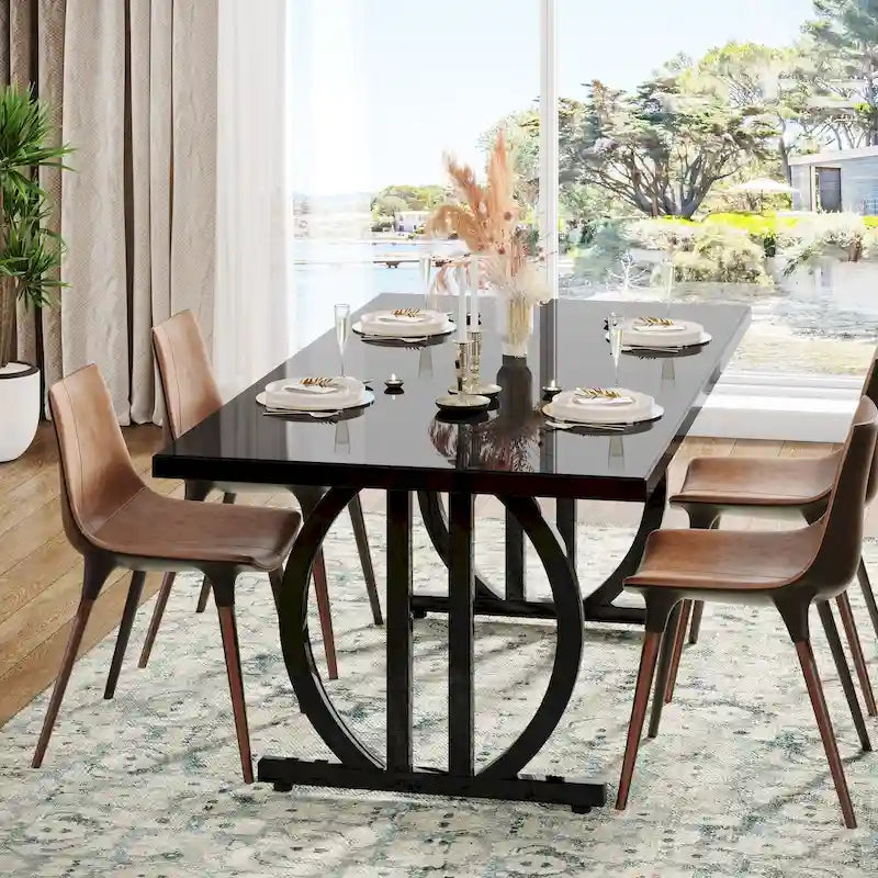Black High Gloss Dining Table with Curved Metal Base Seats 4 to 6