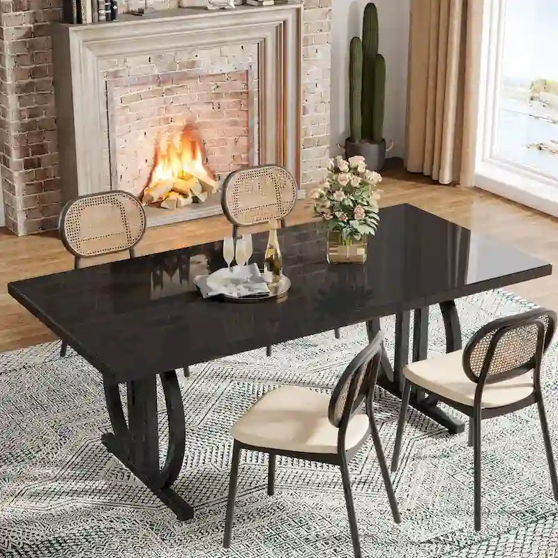 Black High Gloss Dining Table with Curved Metal Base Seats 4 to 6