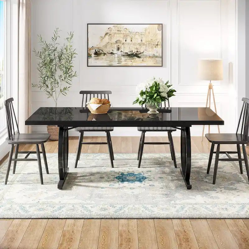 Black High Gloss Dining Table with Curved Metal Base Seats 4 to 6