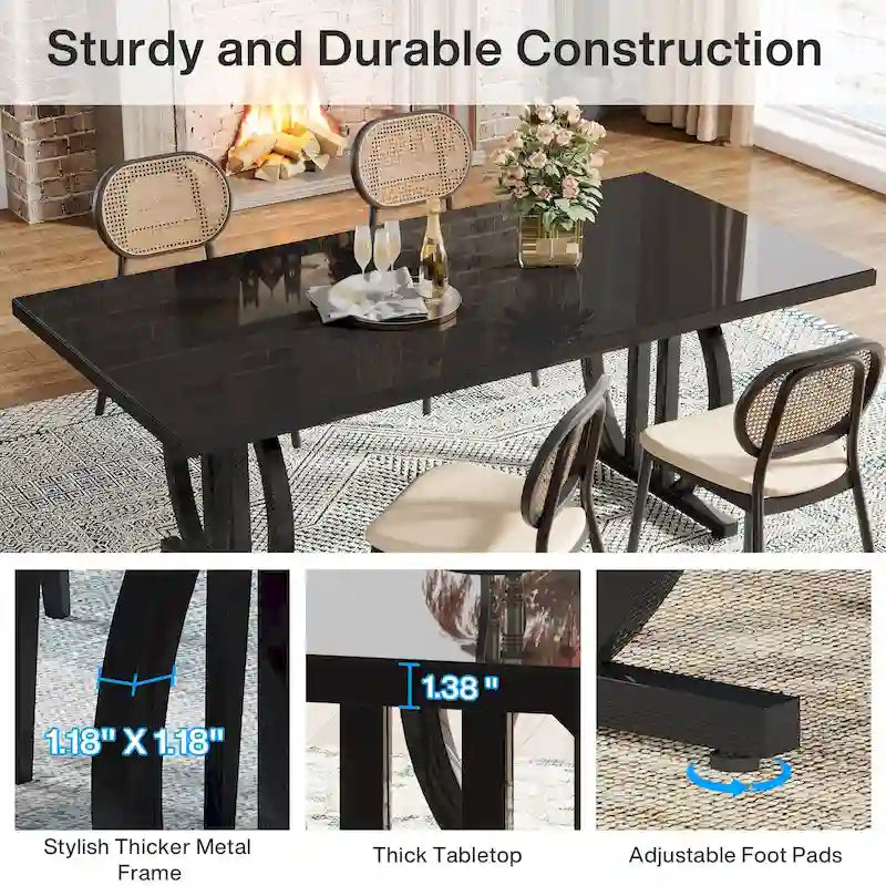 Black High Gloss Dining Table with Curved Metal Base Seats 4 to 6