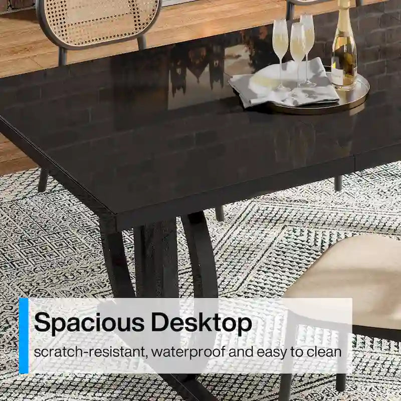 Black High Gloss Dining Table with Curved Metal Base Seats 4 to 6