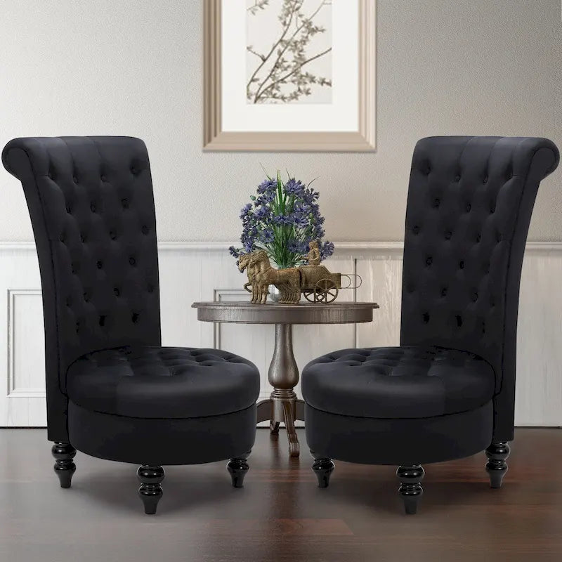 High-Back Tufted Velvet Accent Chair Retro Throne Style with Rubberwood Legs