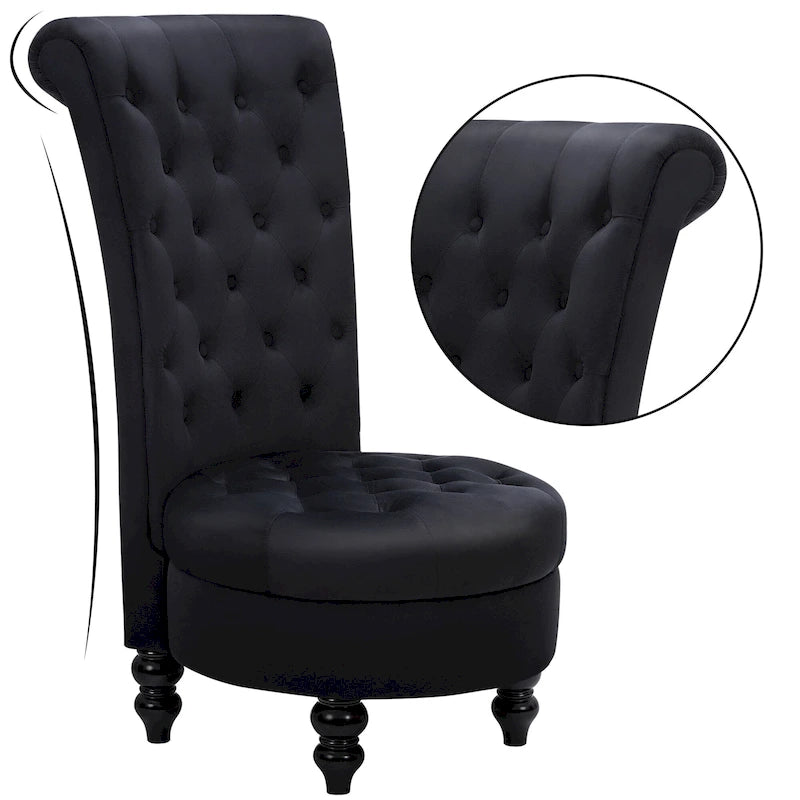 High-Back Tufted Velvet Accent Chair Retro Throne Style with Rubberwood Legs
