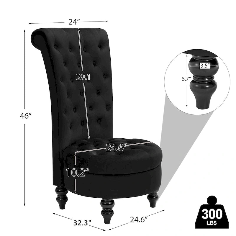 High-Back Tufted Velvet Accent Chair Retro Throne Style with Rubberwood Legs
