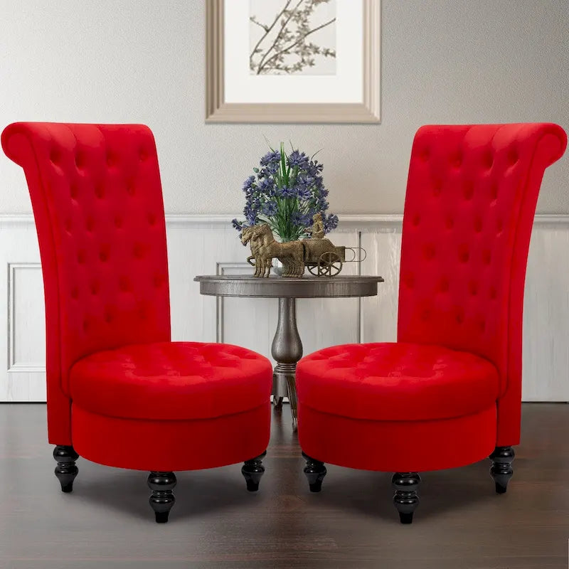 High-Back Tufted Velvet Accent Chair Retro Throne Style with Rubberwood Legs
