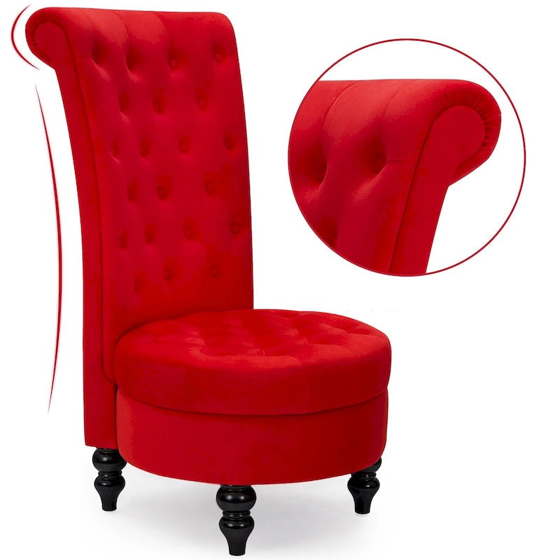 High-Back Tufted Velvet Accent Chair Retro Throne Style with Rubberwood Legs