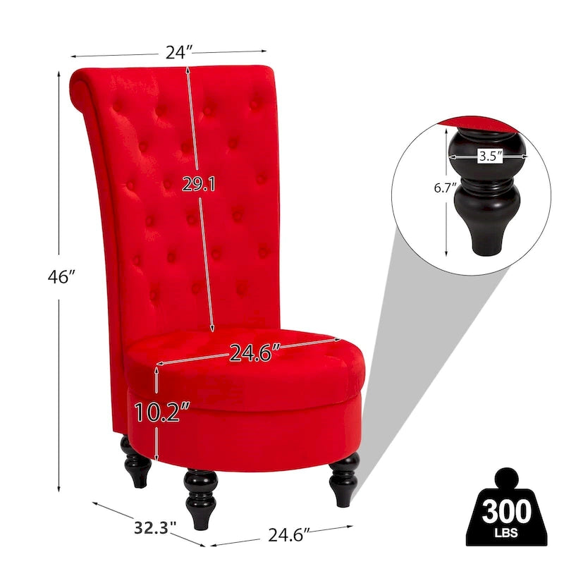High-Back Tufted Velvet Accent Chair Retro Throne Style with Rubberwood Legs