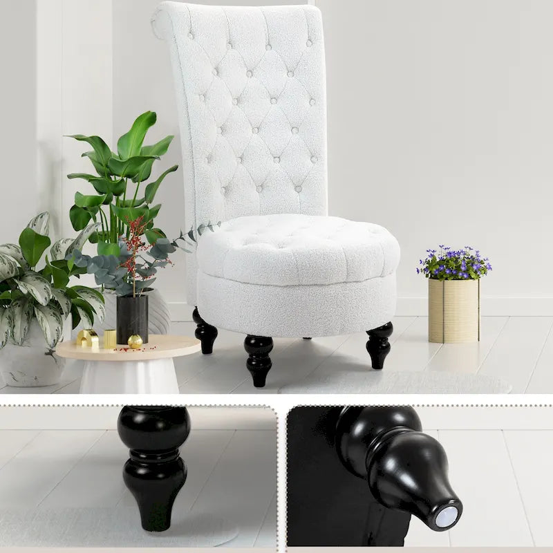 High-Back Tufted Velvet Accent Chair Retro Throne Style with Rubberwood Legs