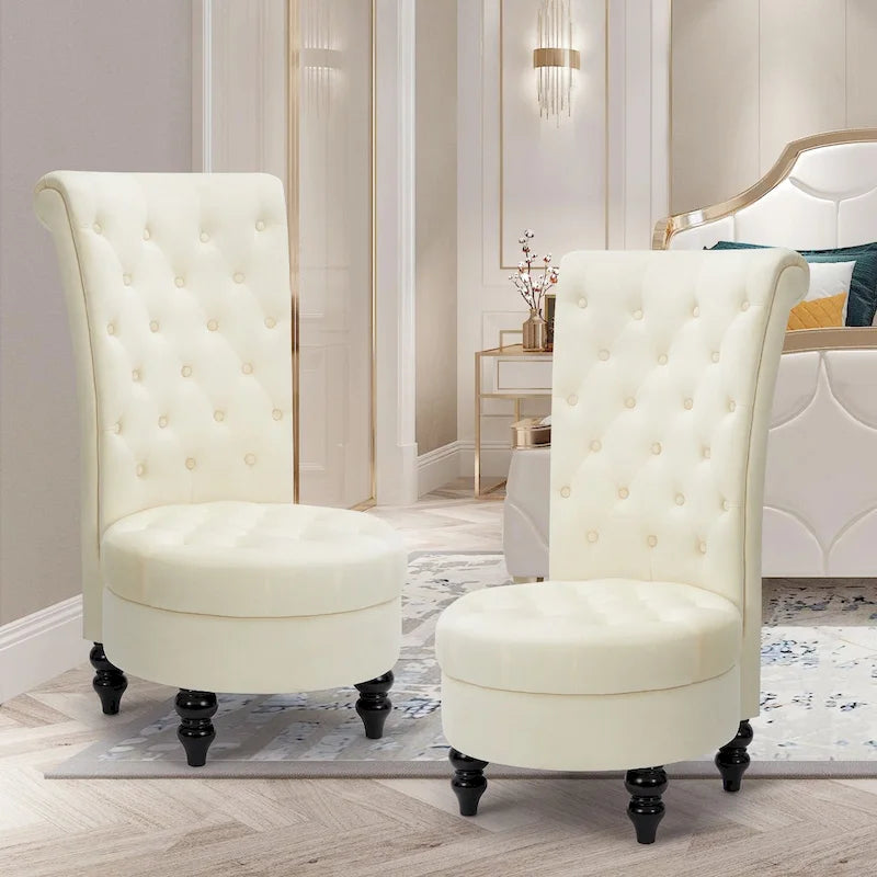 High-Back Tufted Velvet Accent Chair Retro Throne Style with Rubberwood Legs