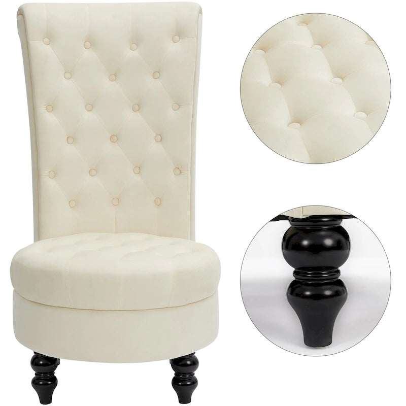 High-Back Tufted Velvet Accent Chair Retro Throne Style with Rubberwood Legs