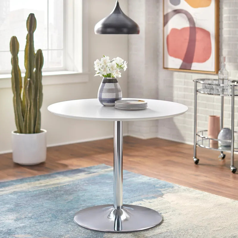 Round Dining Table with Sleek Metal Base Multi-Finish White Gold Chrome