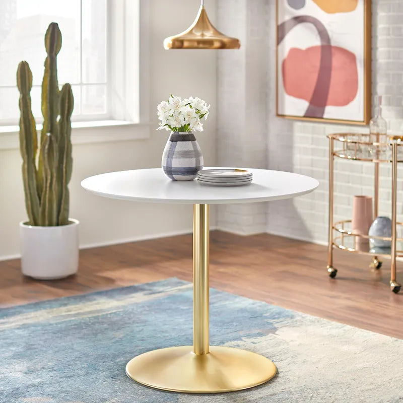 Round Dining Table with Sleek Metal Base Multi-Finish White Gold Chrome