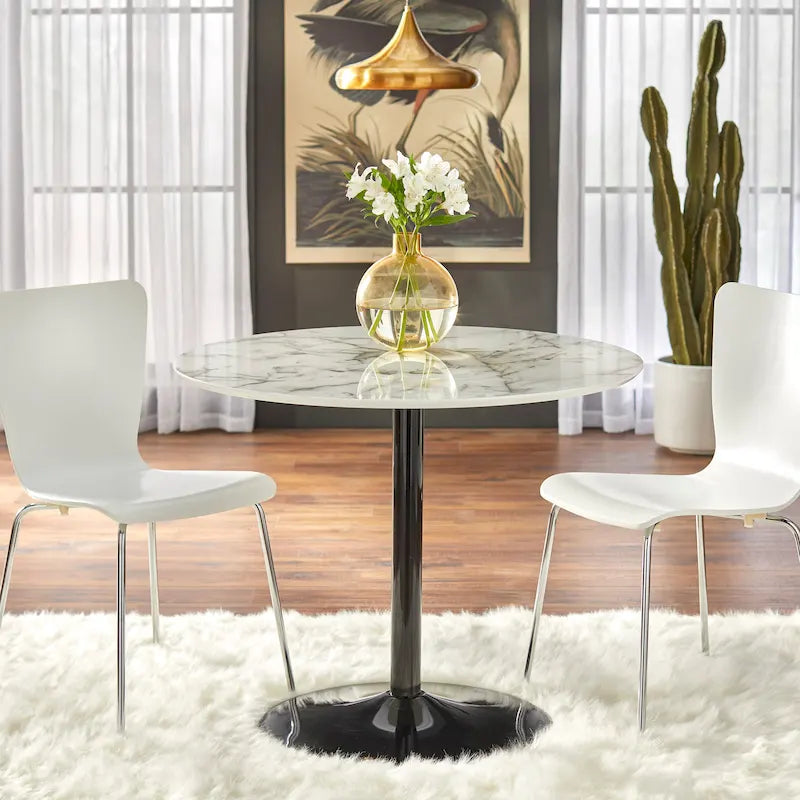 Round Dining Table with Sleek Metal Base Multi-Finish White Gold Chrome