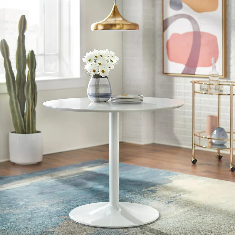 Round Dining Table with Sleek Metal Base Multi-Finish White Gold Chrome