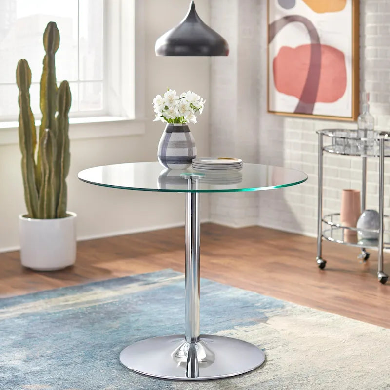 Round Dining Table with Sleek Metal Base Multi-Finish White Gold Chrome
