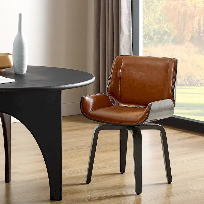 Mid-Century Faux Leather Swivel Bentwood Dining Chair Black Brown