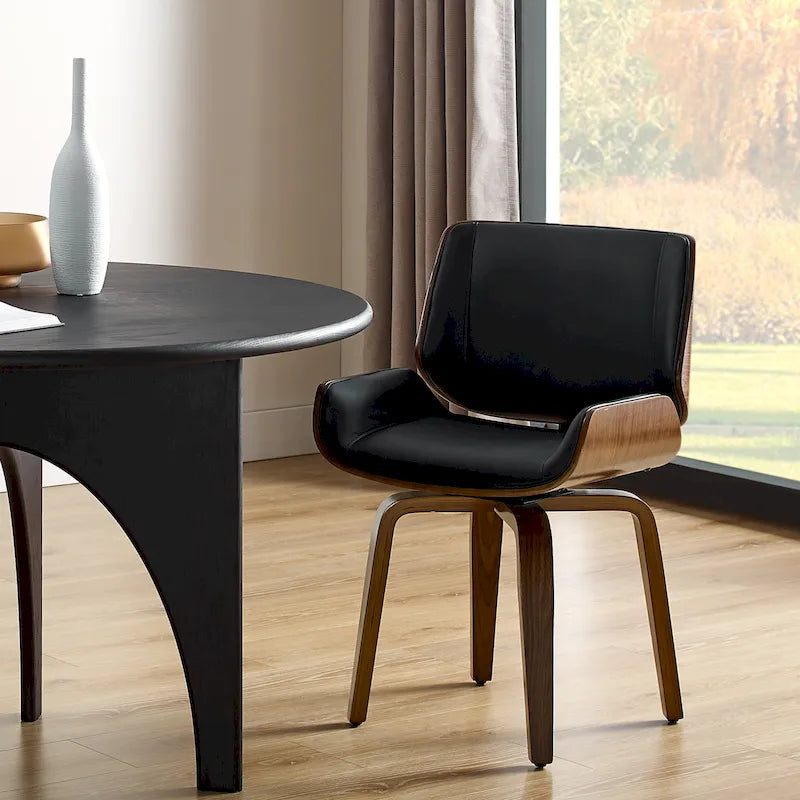 Mid-Century Faux Leather Swivel Bentwood Dining Chair Black Brown