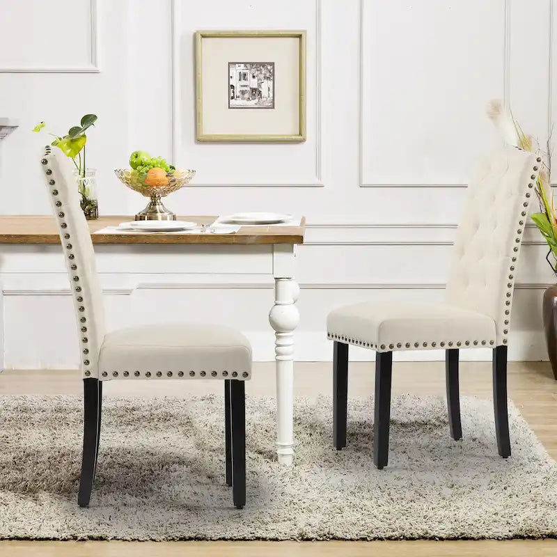 Solid Wood Tufted Dining Chairs, Kitchen Dining Room Chairs with Bronze Nailhead Trim Set of 2
