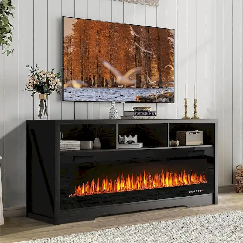 65" Electric Fireplace TV Stand with Open Shelves, Black & Grey