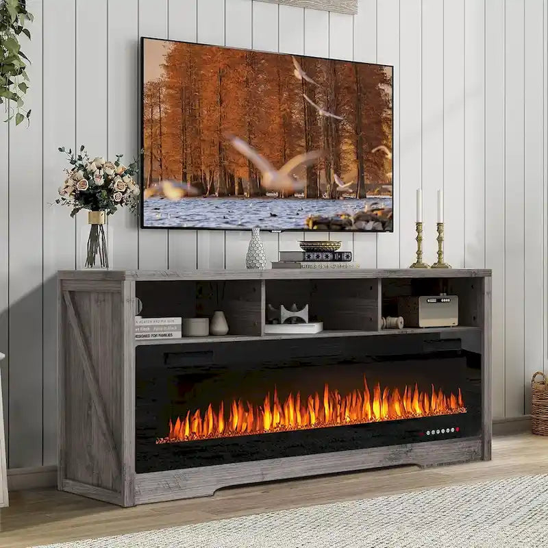 65" Electric Fireplace TV Stand with Open Shelves, Black & Grey