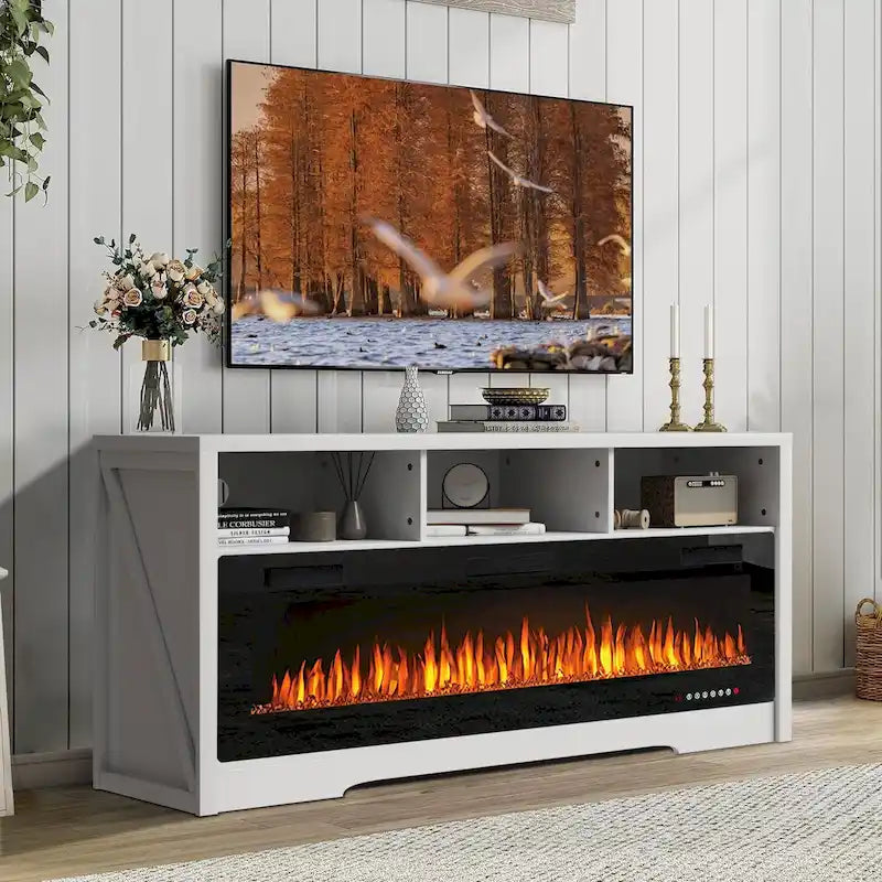 65" Electric Fireplace TV Stand with Open Shelves, Black & Grey