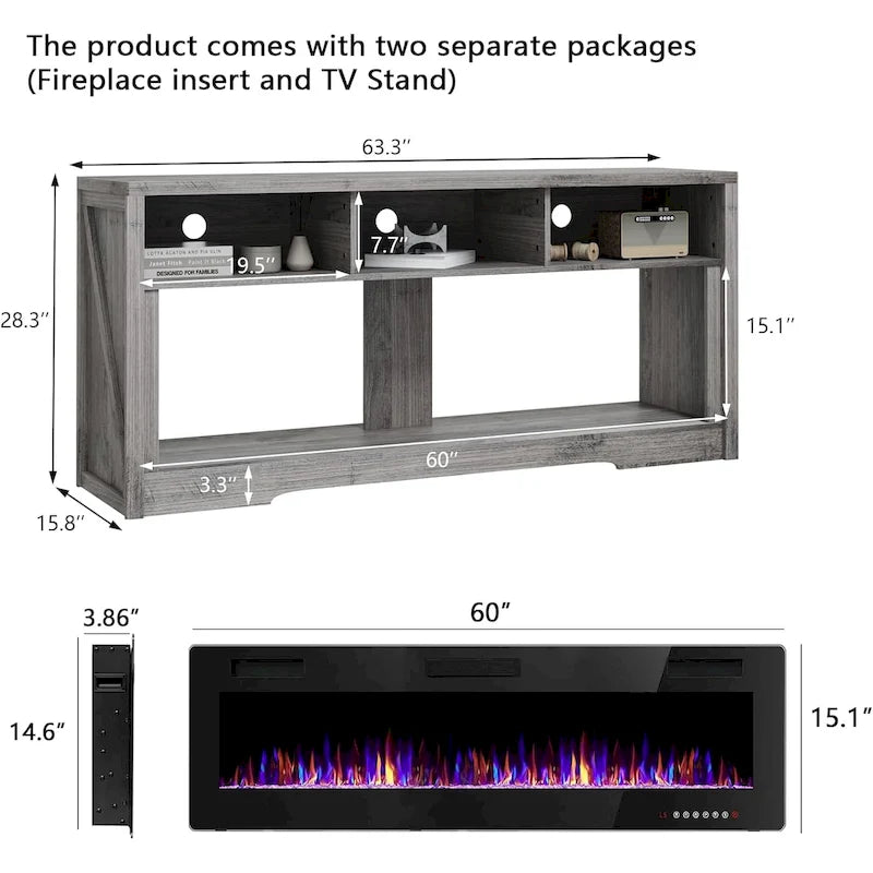 65" Electric Fireplace TV Stand with Open Shelves, Black & Grey