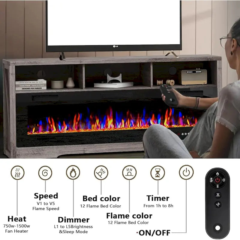 65" Electric Fireplace TV Stand with Open Shelves, Black & Grey