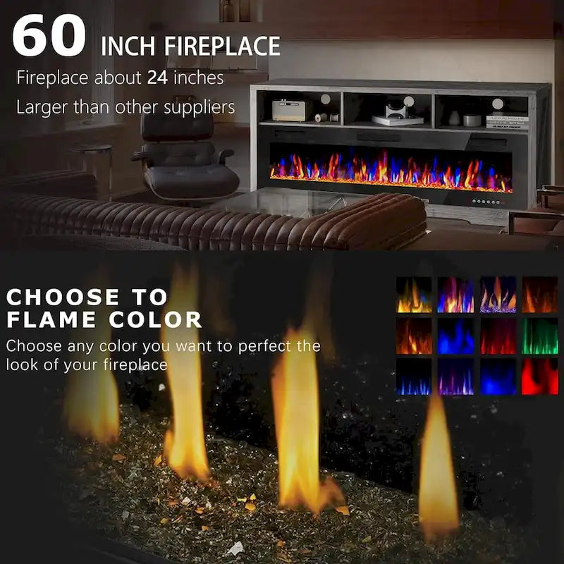 65" Electric Fireplace TV Stand with Open Shelves, Black & Grey