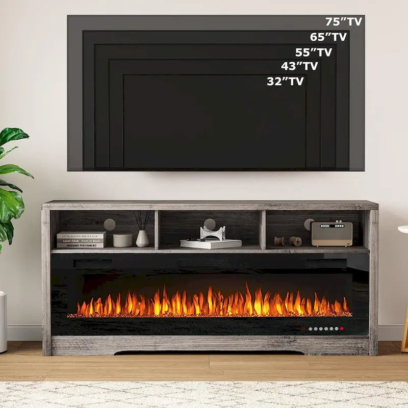 65" Electric Fireplace TV Stand with Open Shelves, Black & Grey
