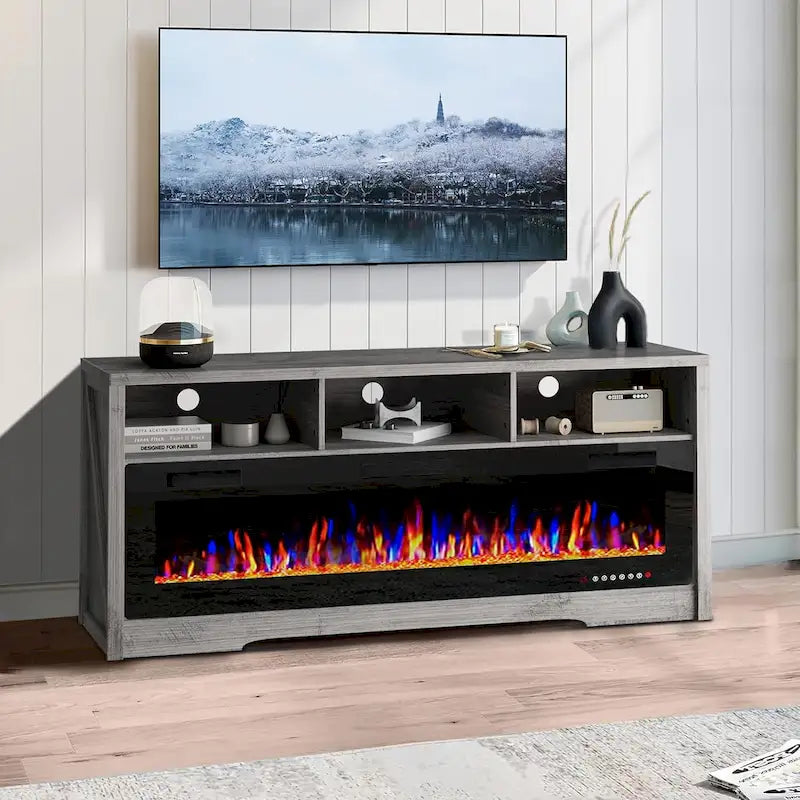 65" Electric Fireplace TV Stand with Open Shelves, Black & Grey