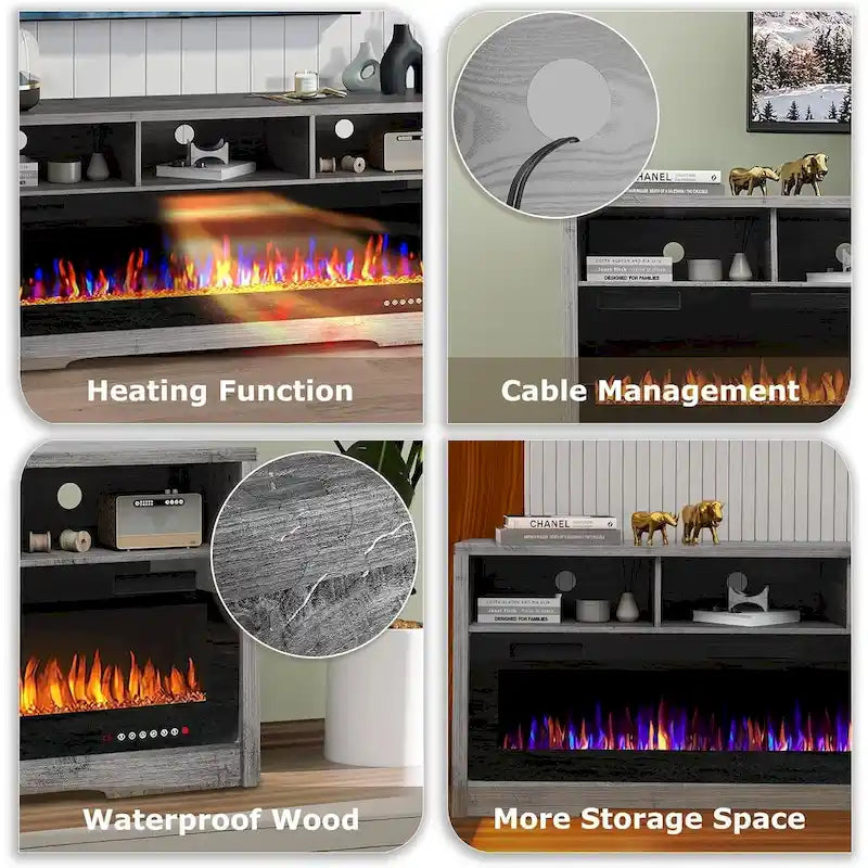 65" Electric Fireplace TV Stand with Open Shelves, Black & Grey