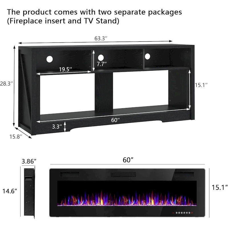 65" Electric Fireplace TV Stand with Open Shelves, Black & Grey