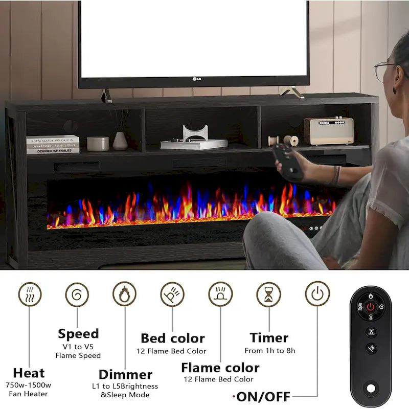 65" Electric Fireplace TV Stand with Open Shelves, Black & Grey