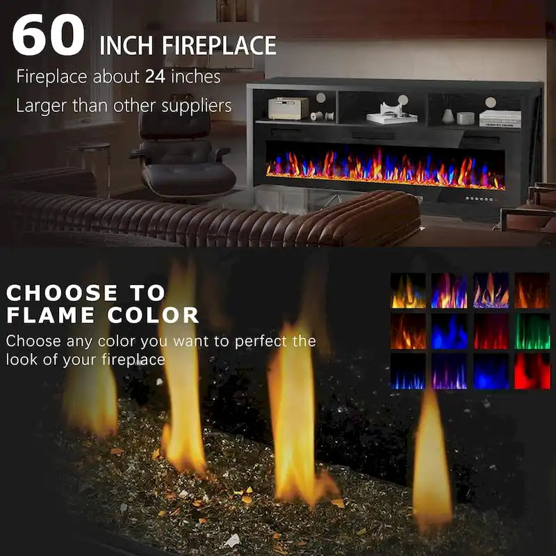 65" Electric Fireplace TV Stand with Open Shelves, Black & Grey