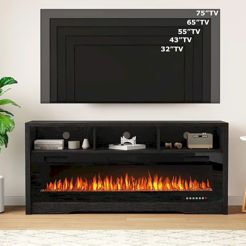 65" Electric Fireplace TV Stand with Open Shelves, Black & Grey