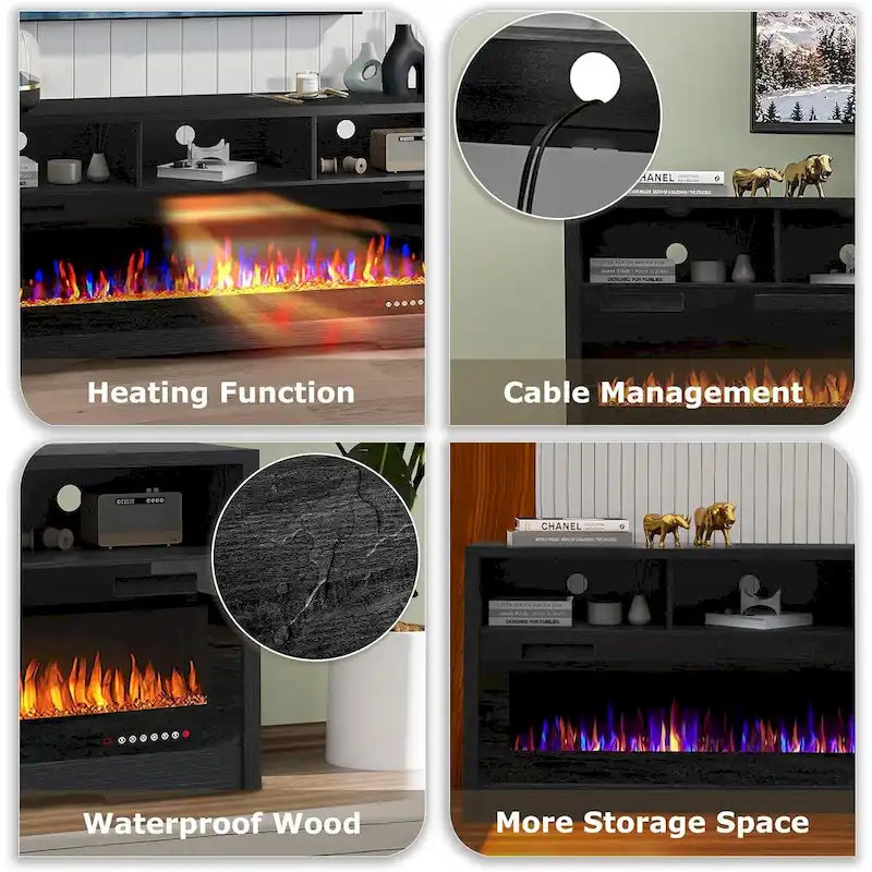 65" Electric Fireplace TV Stand with Open Shelves, Black & Grey
