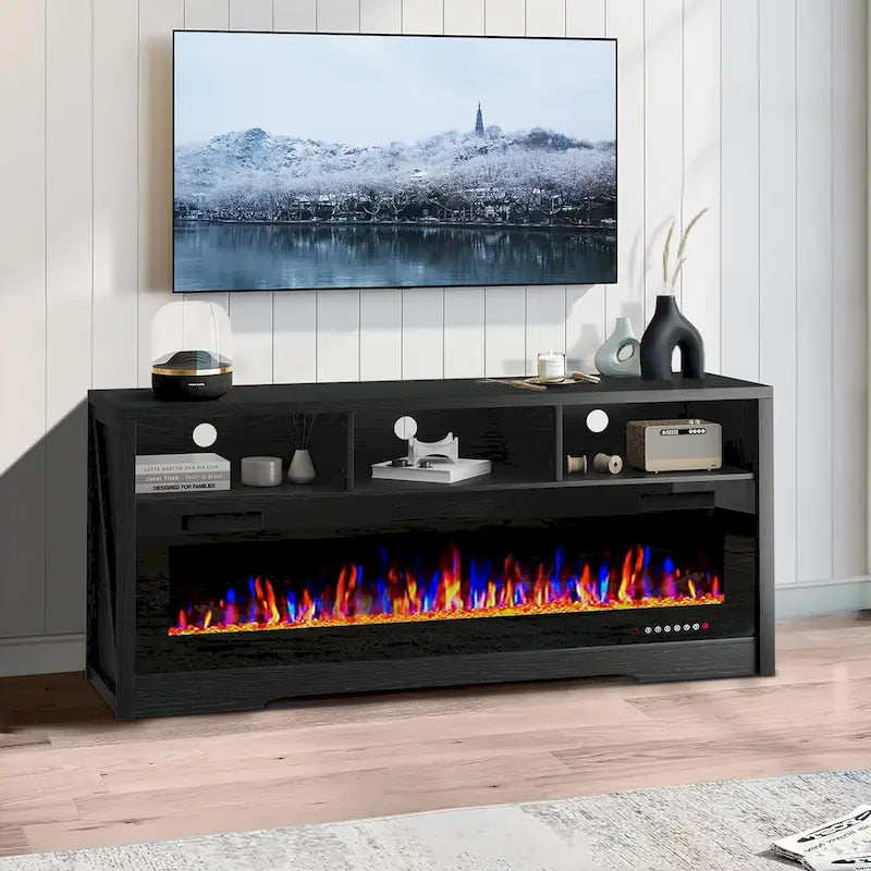 65" Electric Fireplace TV Stand with Open Shelves, Black & Grey