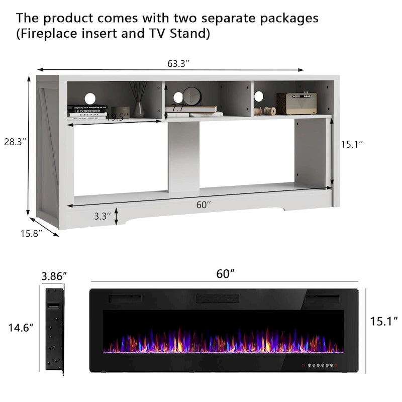 65" Electric Fireplace TV Stand with Open Shelves, Black & Grey