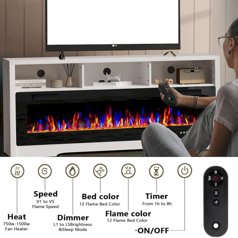 65" Electric Fireplace TV Stand with Open Shelves, Black & Grey