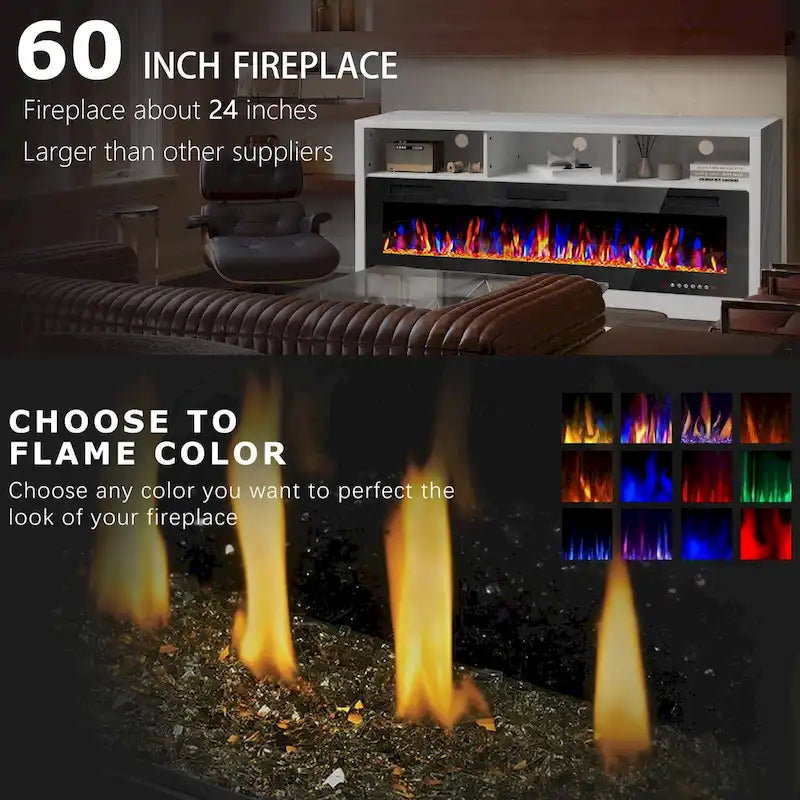 65" Electric Fireplace TV Stand with Open Shelves, Black & Grey
