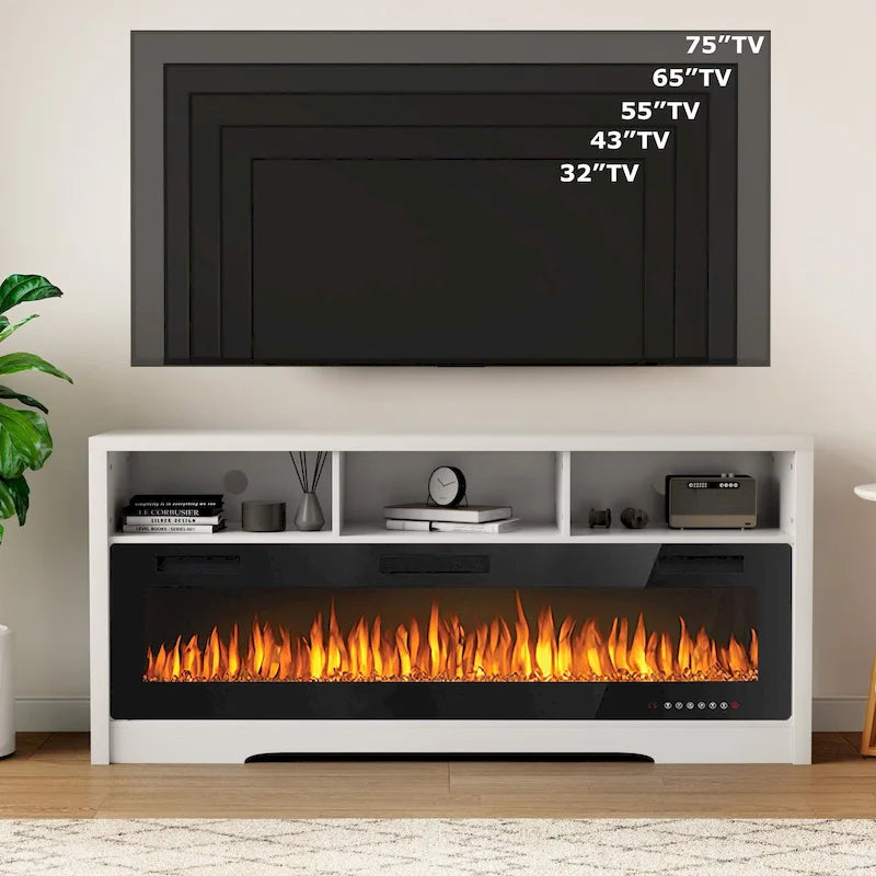 65" Electric Fireplace TV Stand with Open Shelves, Black & Grey