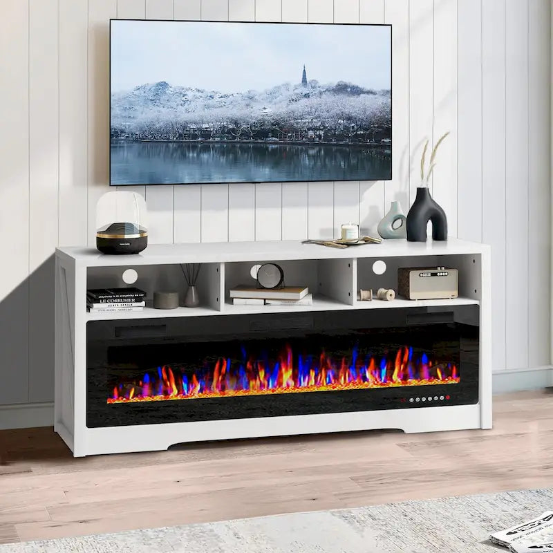 65" Electric Fireplace TV Stand with Open Shelves, Black & Grey