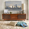Geometric TV Stand White Black Sliding Doors Drawers Rubberwood Legs Storage