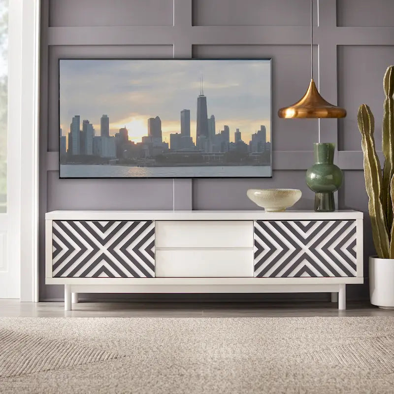 Geometric TV Stand White Black Sliding Doors Drawers Rubberwood Legs Storage