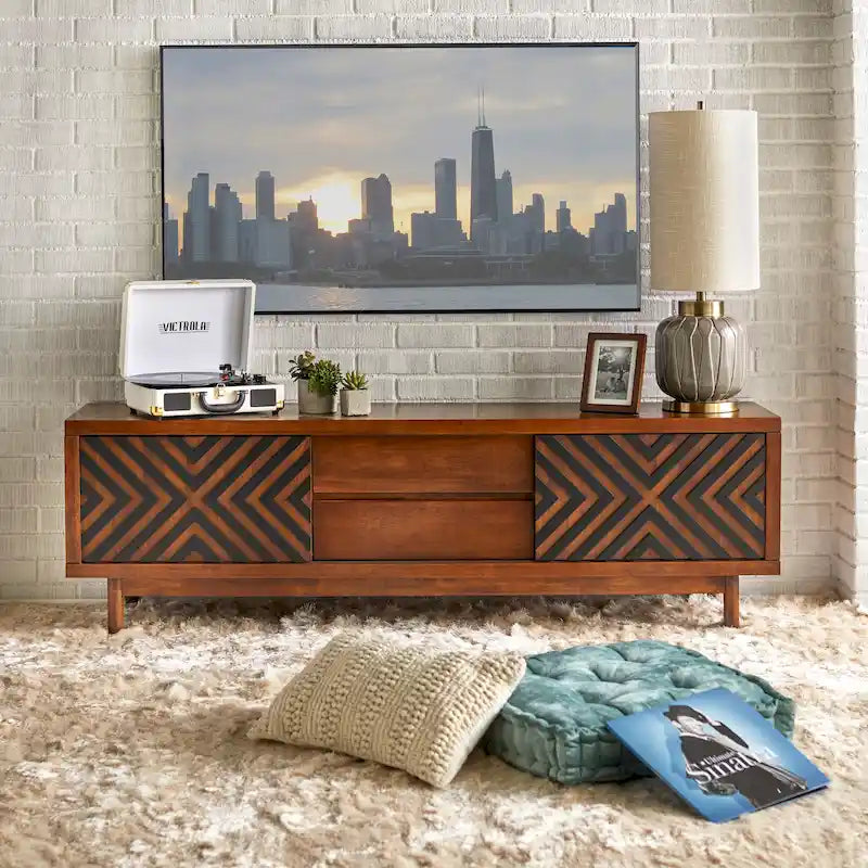 Geometric TV Stand White Black Sliding Doors Drawers Rubberwood Legs Storage