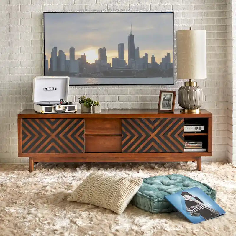 Geometric TV Stand White Black Sliding Doors Drawers Rubberwood Legs Storage