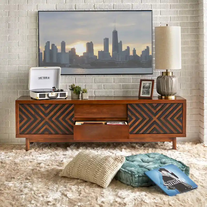 Geometric TV Stand White Black Sliding Doors Drawers Rubberwood Legs Storage