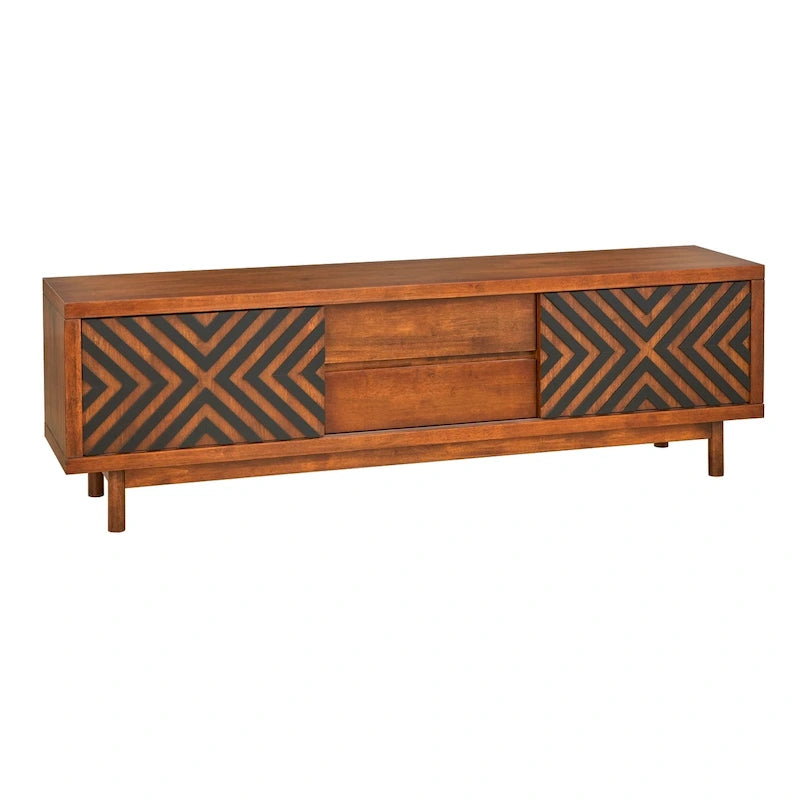 Geometric TV Stand White Black Sliding Doors Drawers Rubberwood Legs Storage